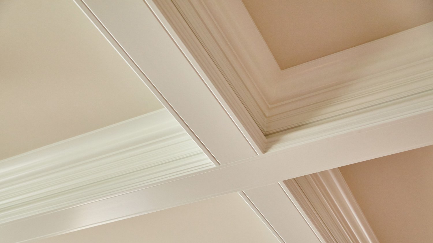 White crown molding on the ceiling forms a cross on an off white ceiling