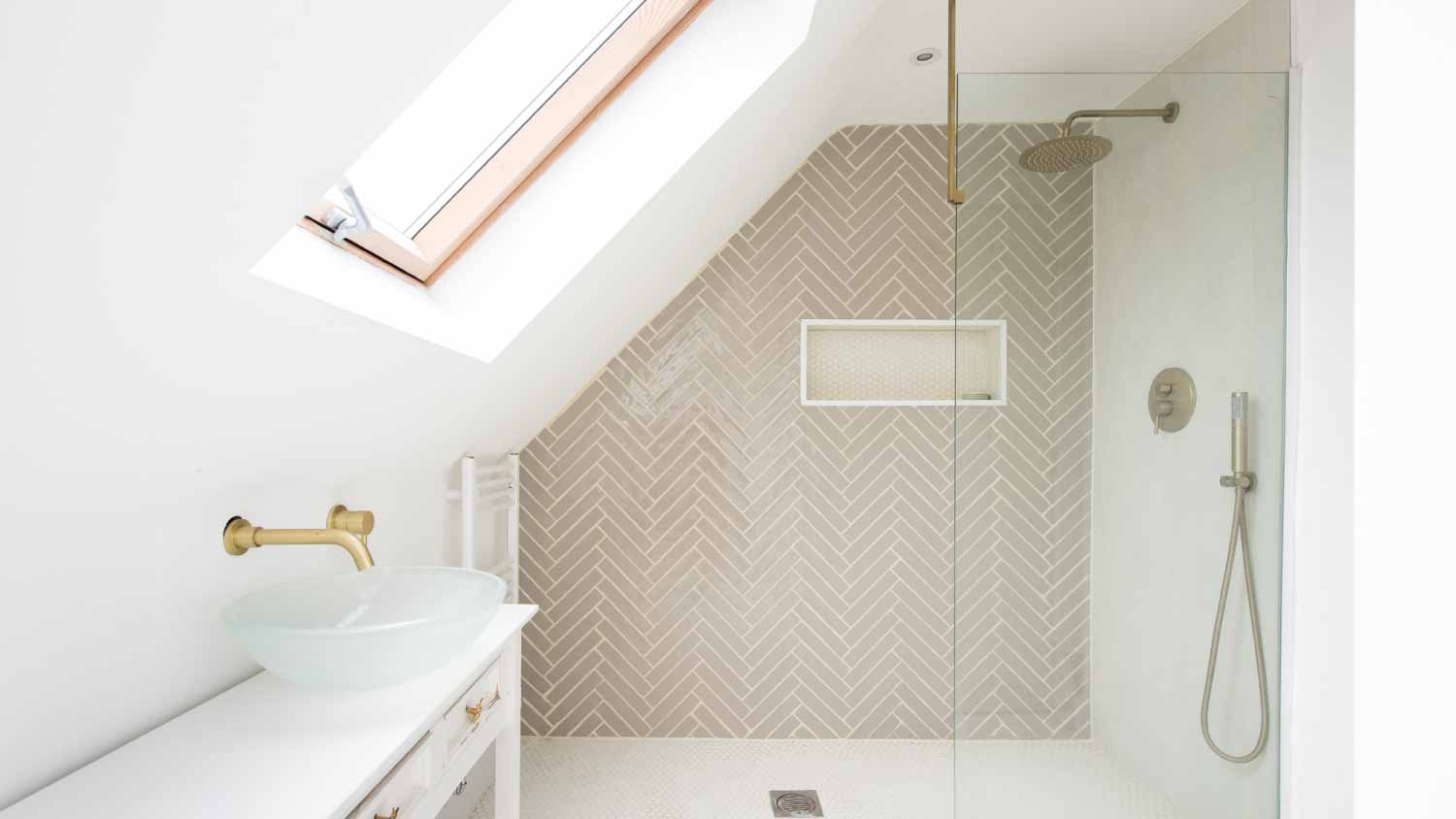 A general interior view of a white bathroom