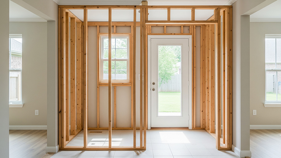 A new wall is framed with wood studs to create a mudroom with a back door and window during a home renovation.